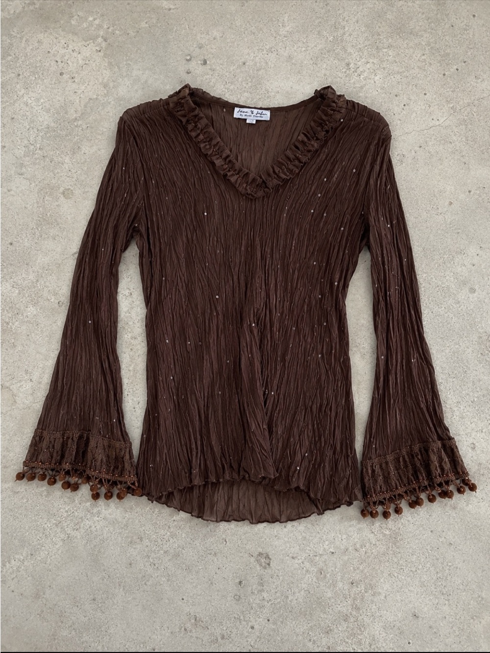 Y2K Jane & John Mode Tricotto Blouse Woman M Brown Crinkle Fairycore Goblincore